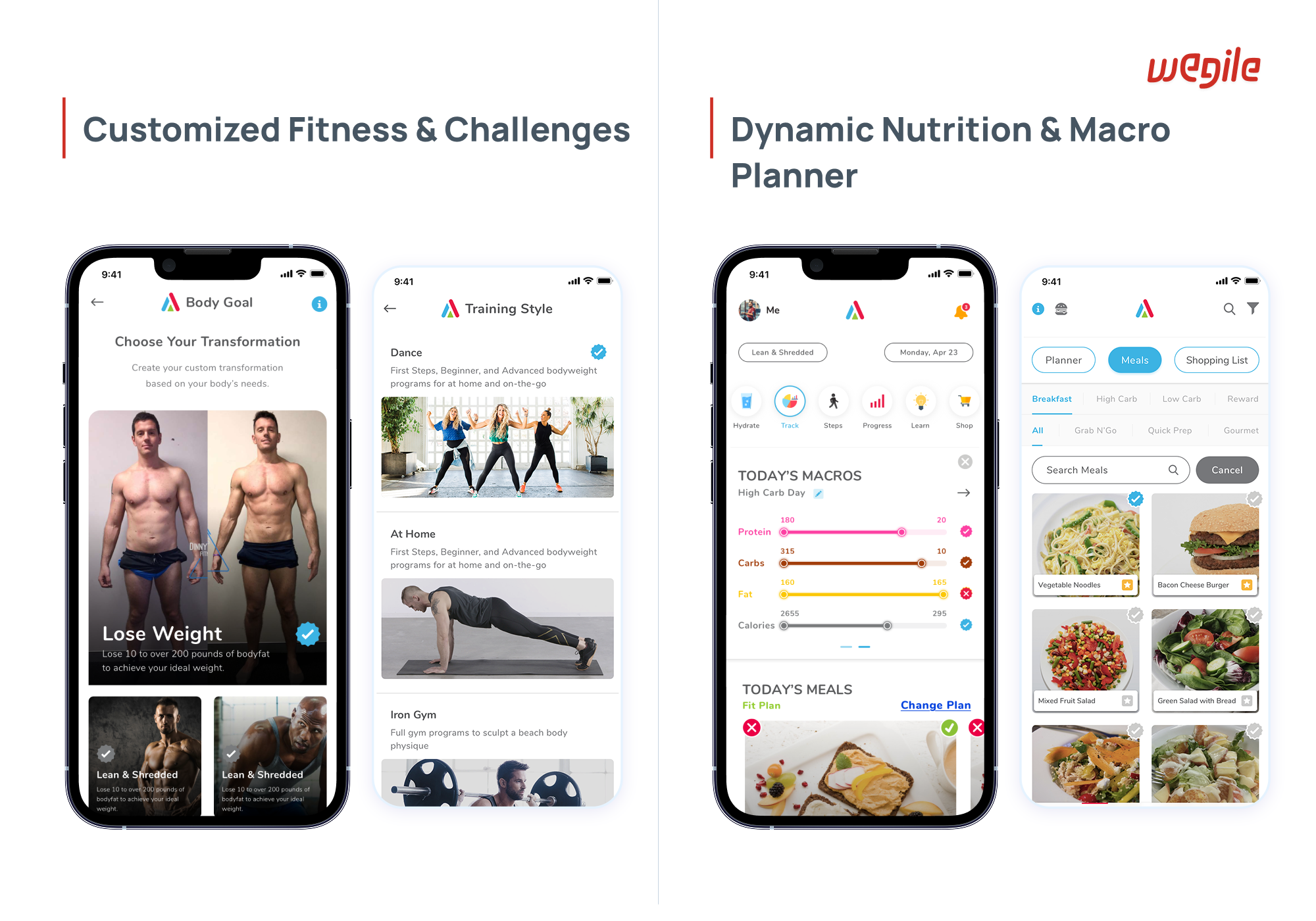 App Screens — Workouts & Nutrition